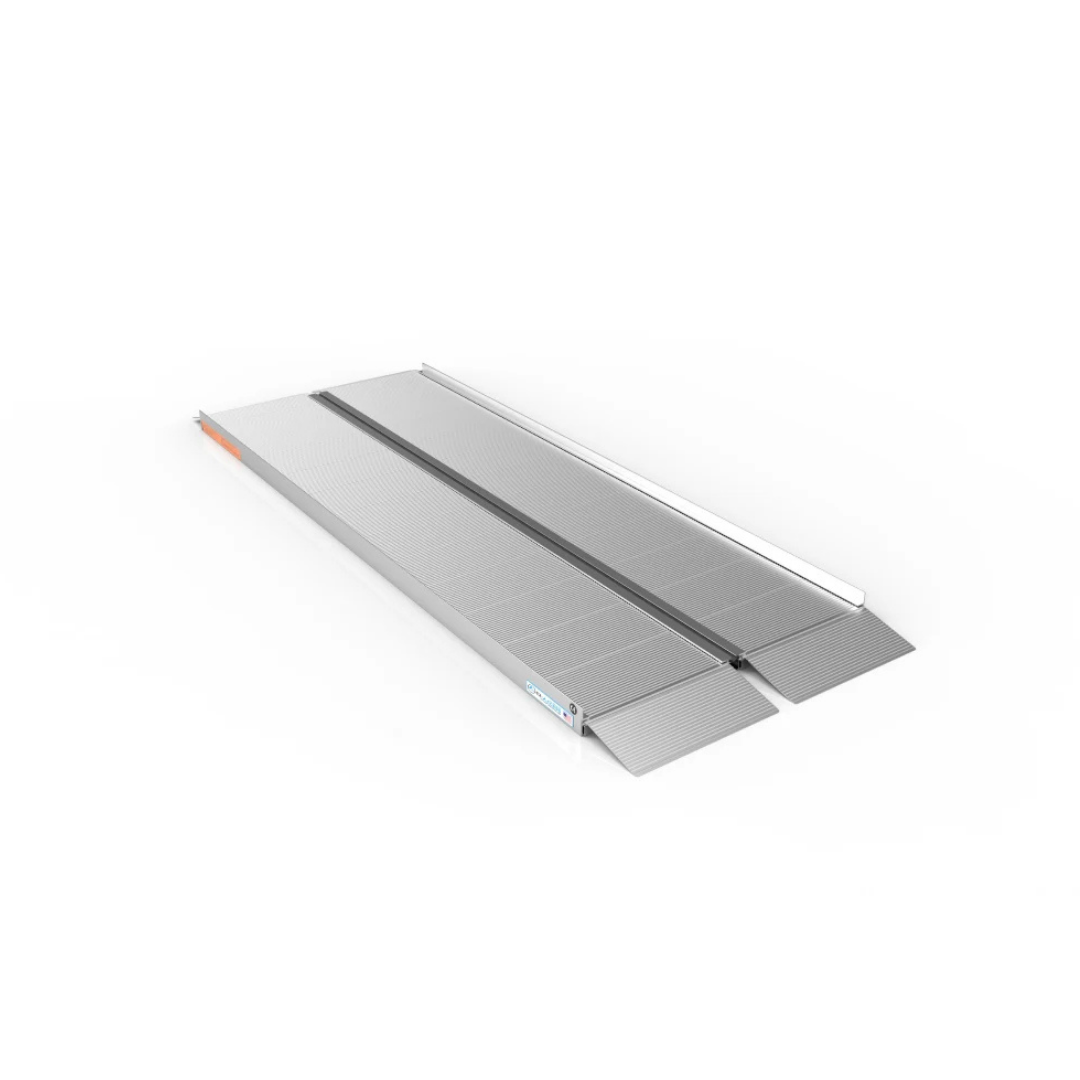 The EZ-Access SUITCASE® Singlefold Mobility Ramp—Portable features a foldable aluminum design with textured surface and raised edges for secure step or curb access. See detailed specs or videos to learn more. Ramp shown extended on white background.